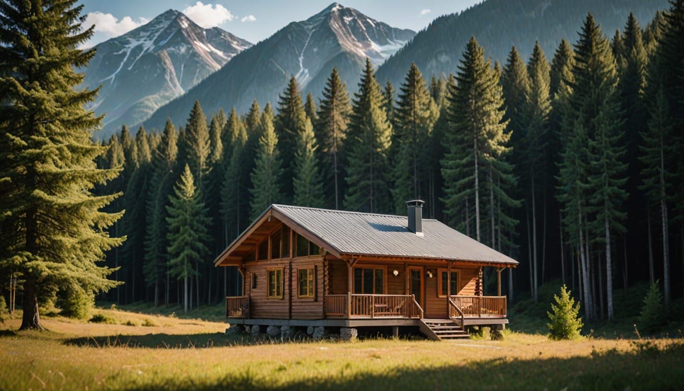 Modern Cabin in Forest Clearing with Mountain Views