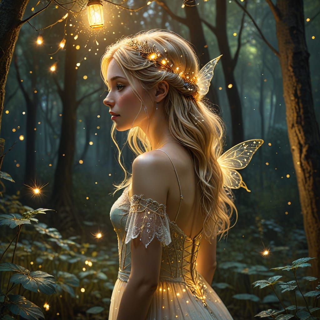 Fairy in Enchanted Forest with Lace Lanterns and Fireflies
