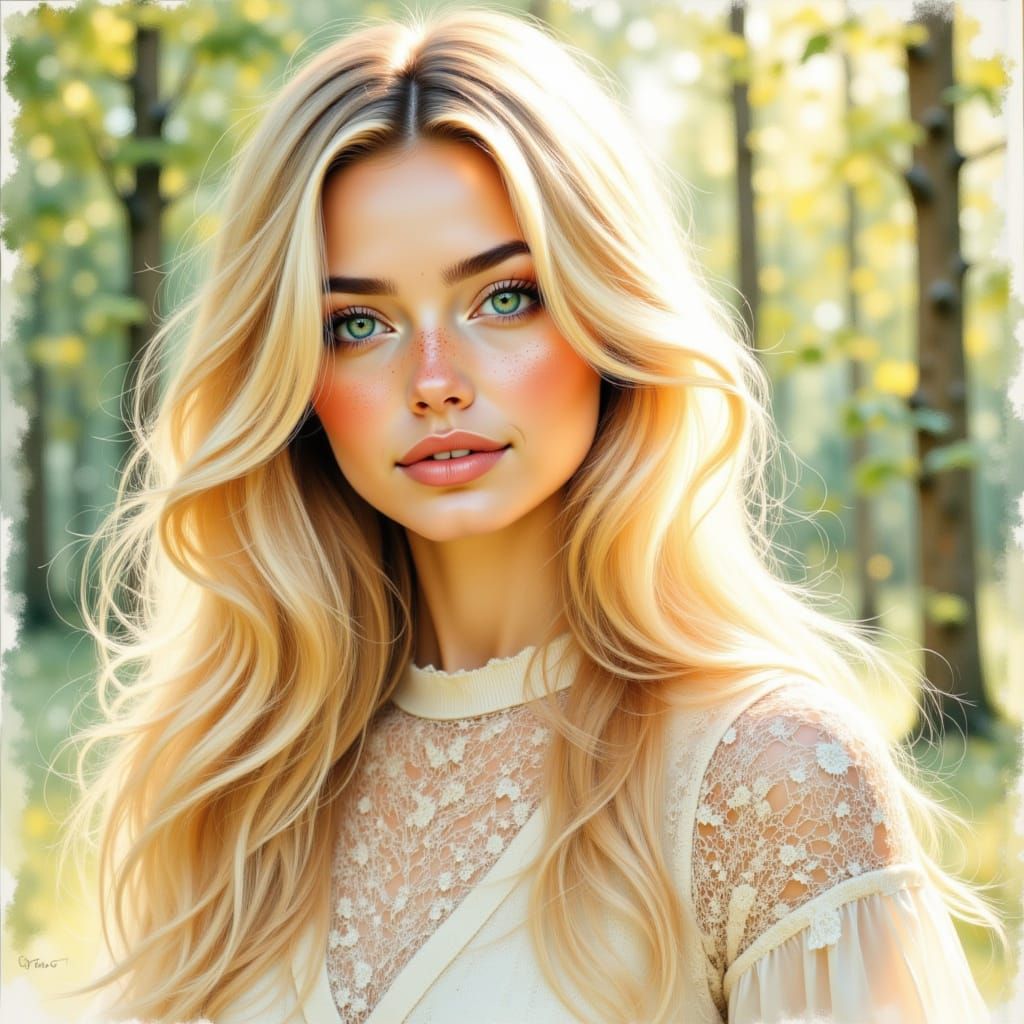 Beautiful Woman in Dappled Wood as Pencil Sketch