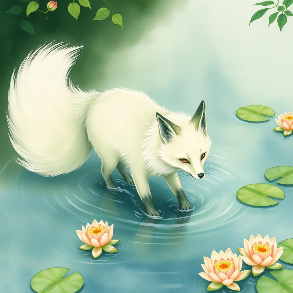 Dreamlike Nine-Tailed Fox in Watercolor Art Nouveau Style
