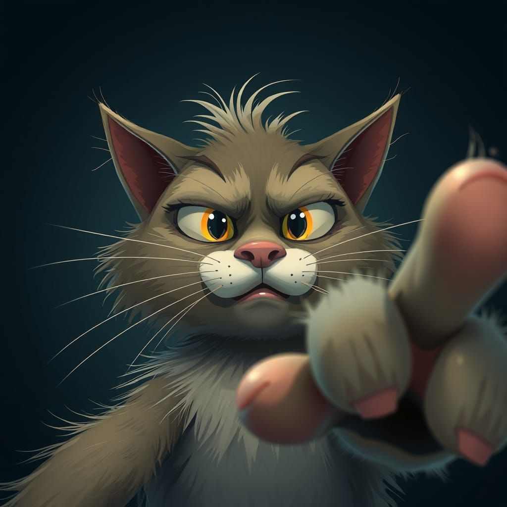 Cartoon Cat Taps Screen in Dark Whimsical Style