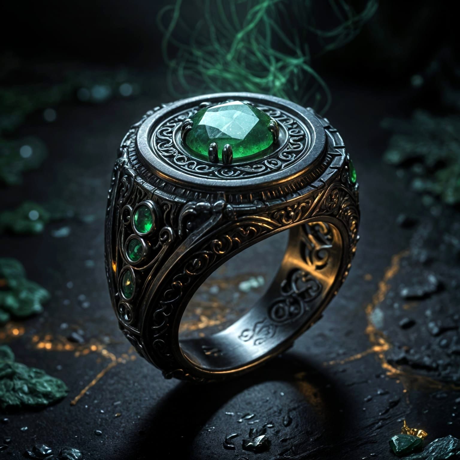 Intricate Jade Spell Ring for Warrior, Glowing Green Light