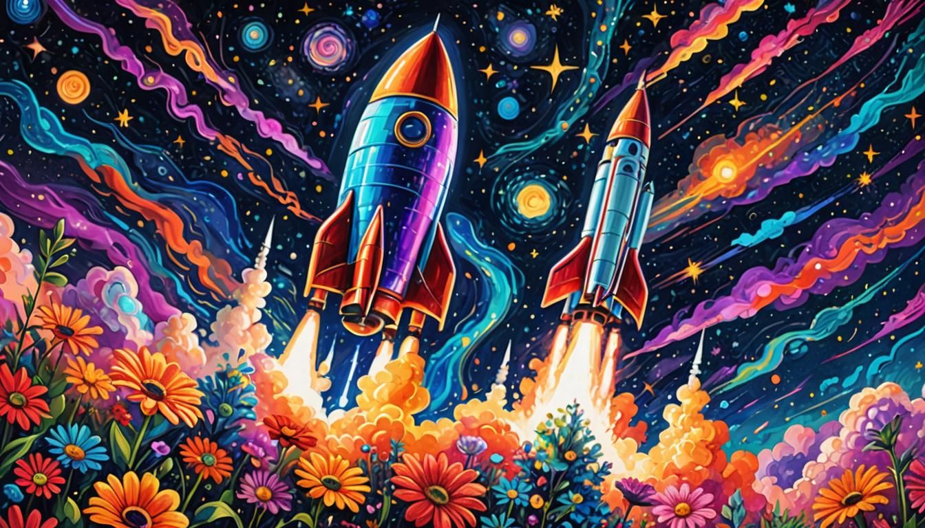 Psychedelic Rocket Soars Through Cosmic Starry Night
