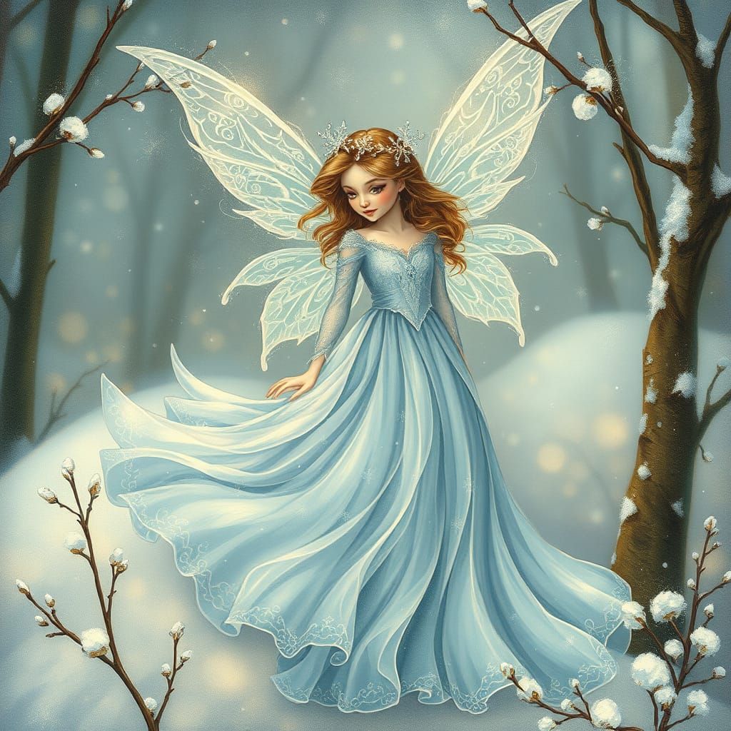 Whimsical Snow Fairy in Iridescent Gown and Crystalline Wing...