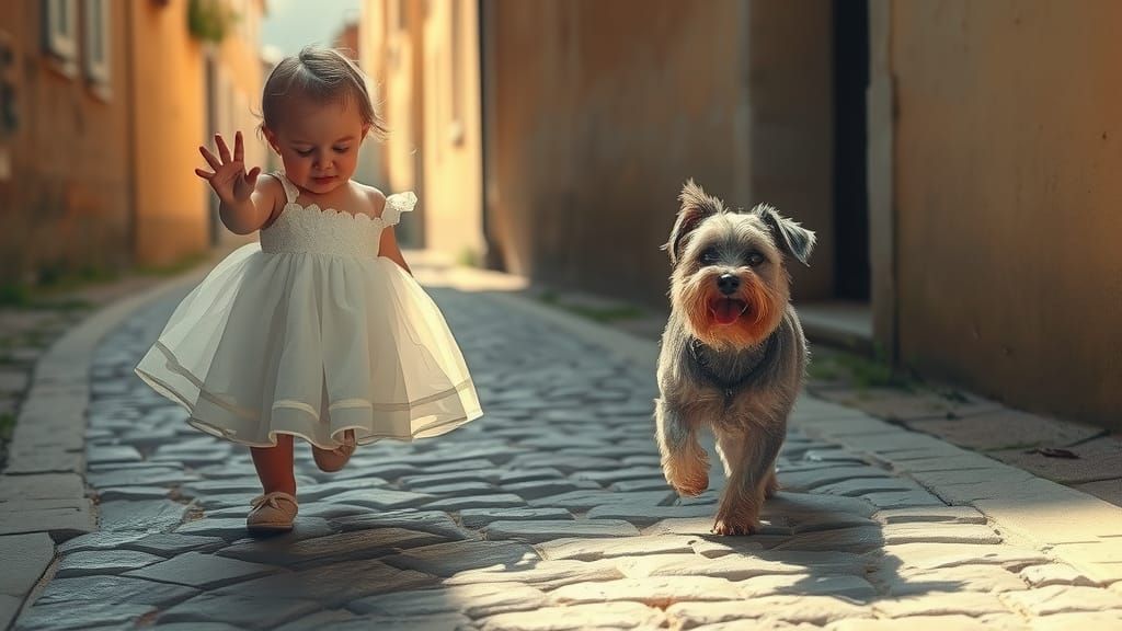 Baby Girl and Schnauzer in Atmospheric Oil Painting