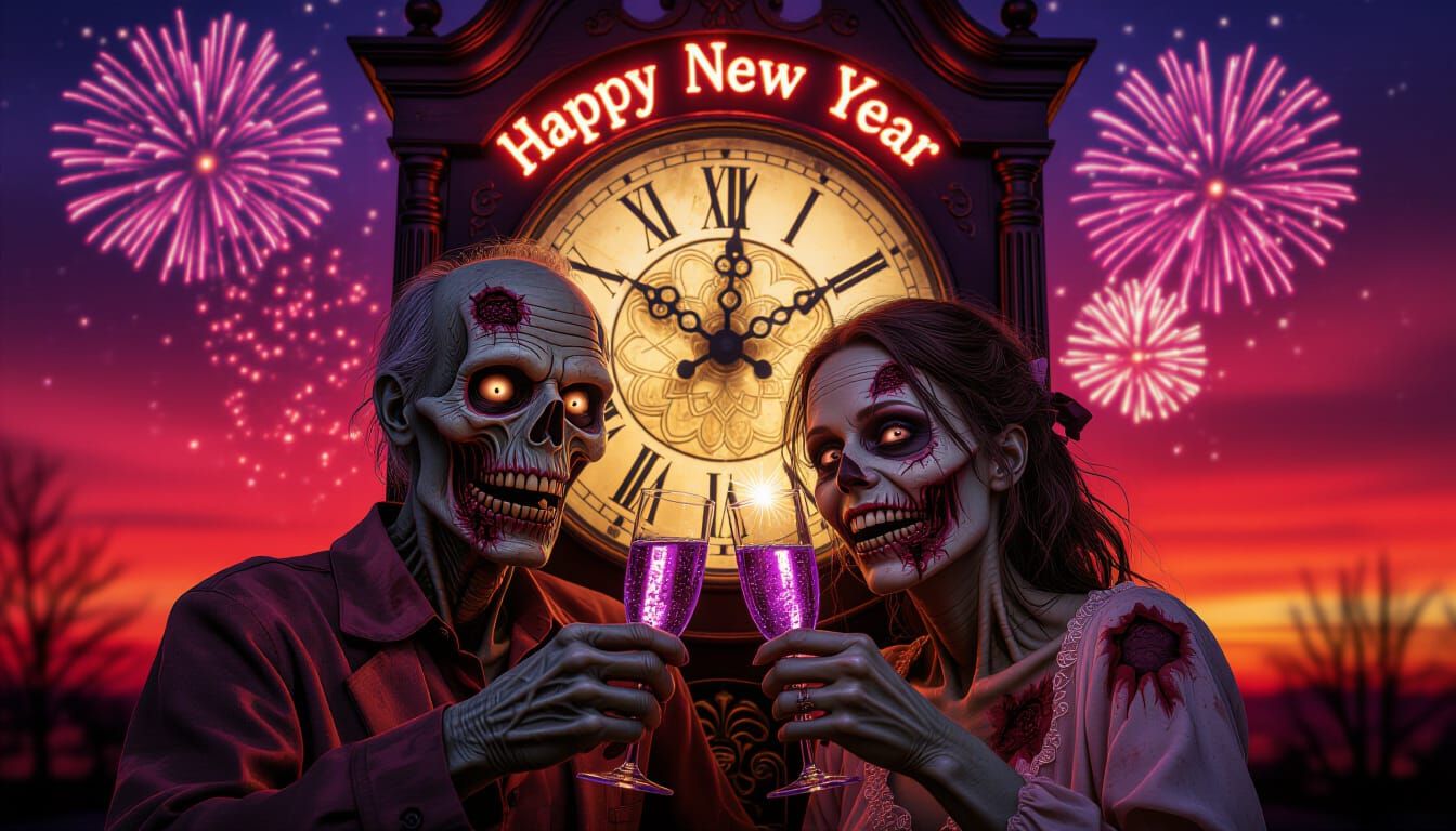 Zombie Couple Clinks Champagne Glasses at Sunset