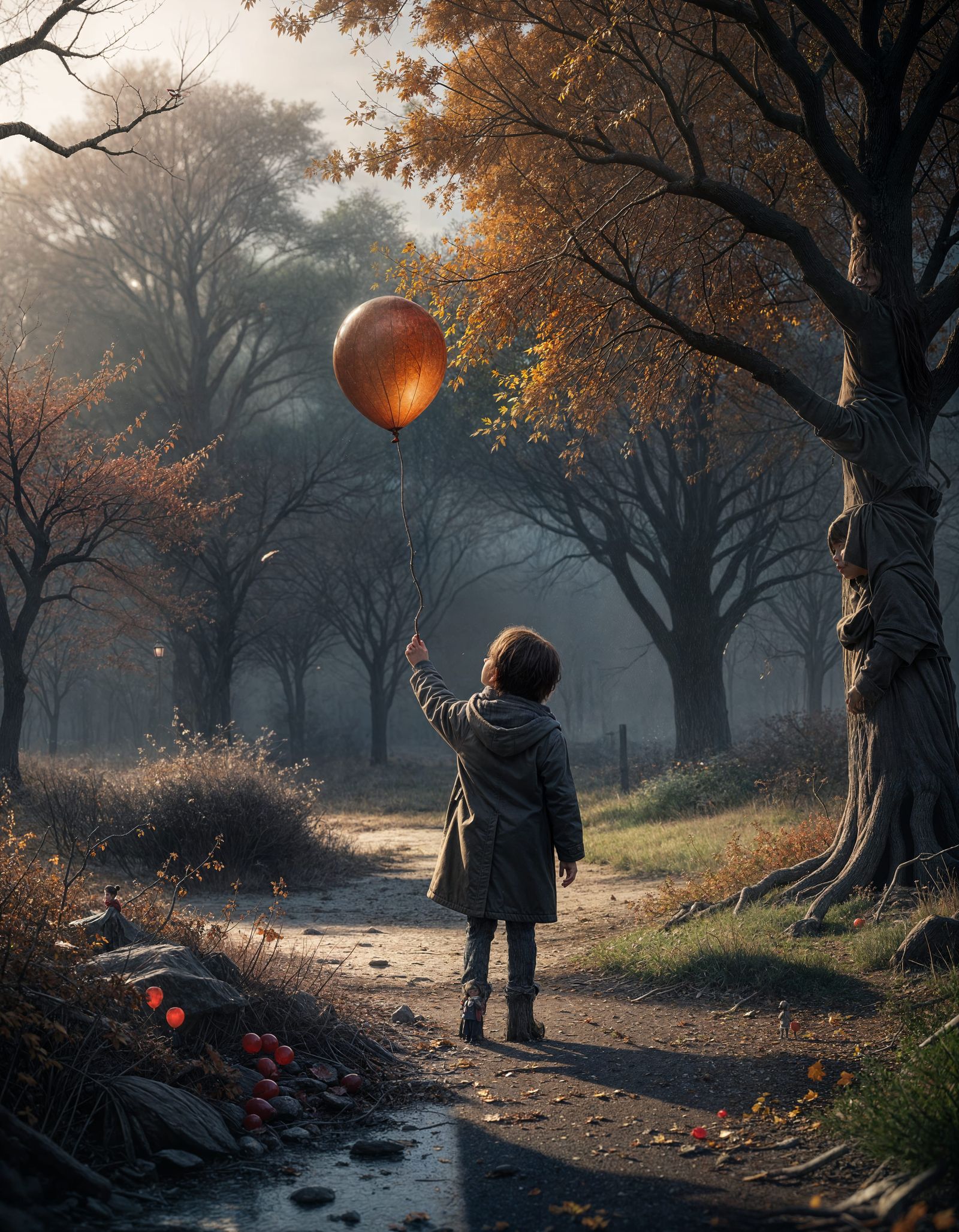 Sad Child Reaching for Balloon in Autumn Park