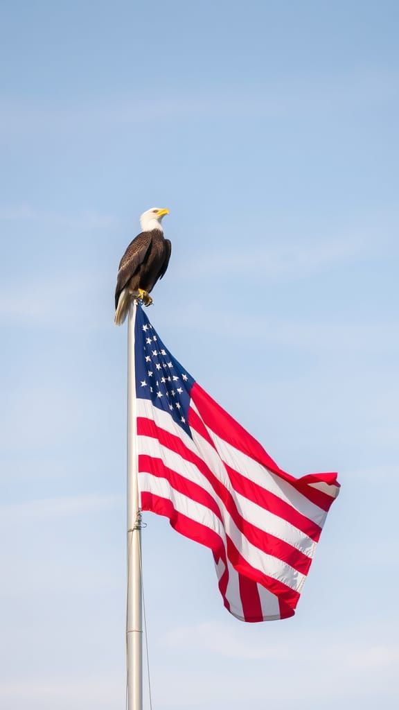 American Eagle on Flagpole in Strong Wind