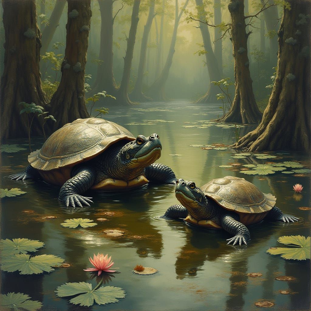 Turtles in a Misty Swamp Landscape