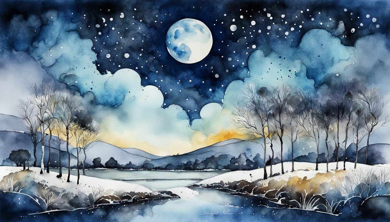 Moonlit Vale: Watercolour and Ink Landscape