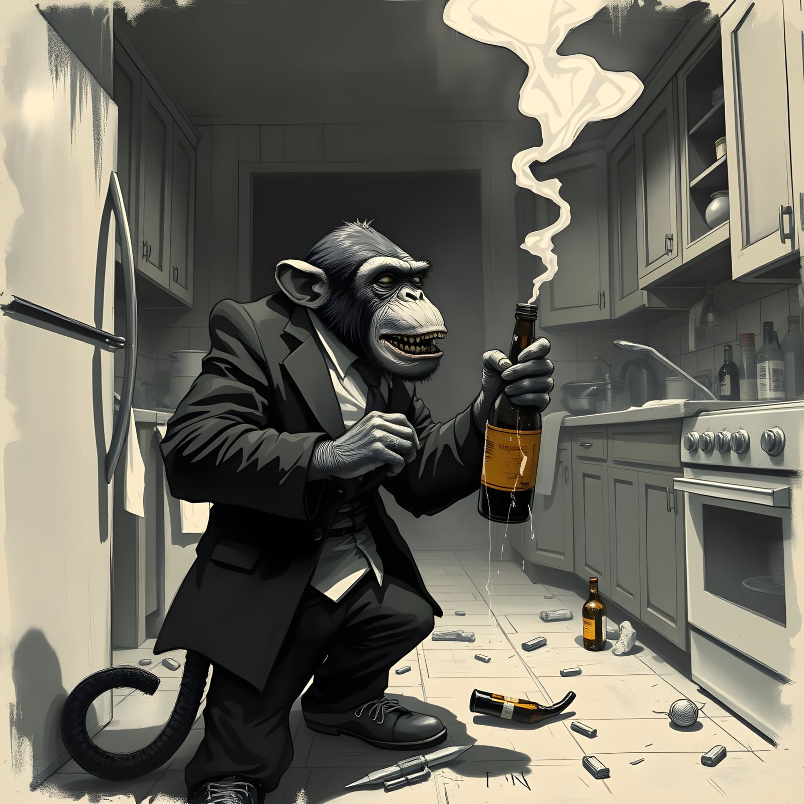 A Drunk Monkey's Tormented Cry in a Film Noir Kitchen