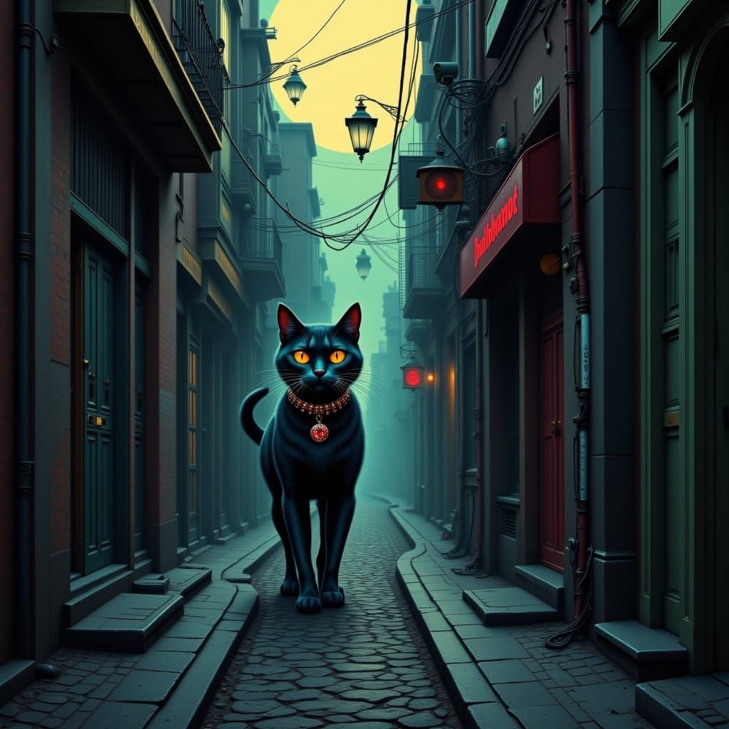 Alley Cat in Moonlit Neonoir Cityscape