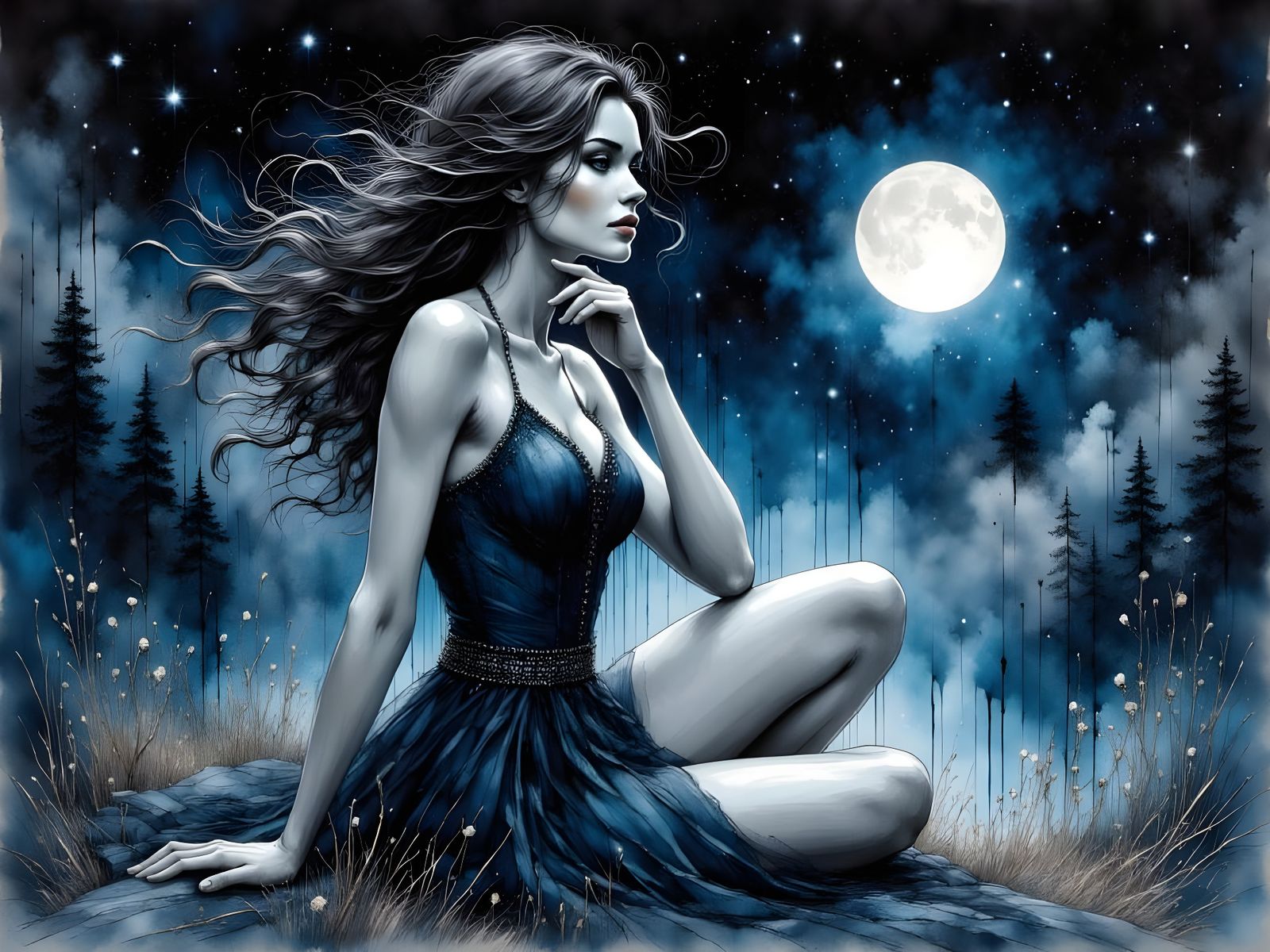 Midnight Goddess with Windswept Hair