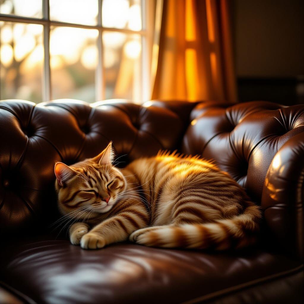 Photorealistic Orange Tabby Cat on Vintage Couch in Golden H...