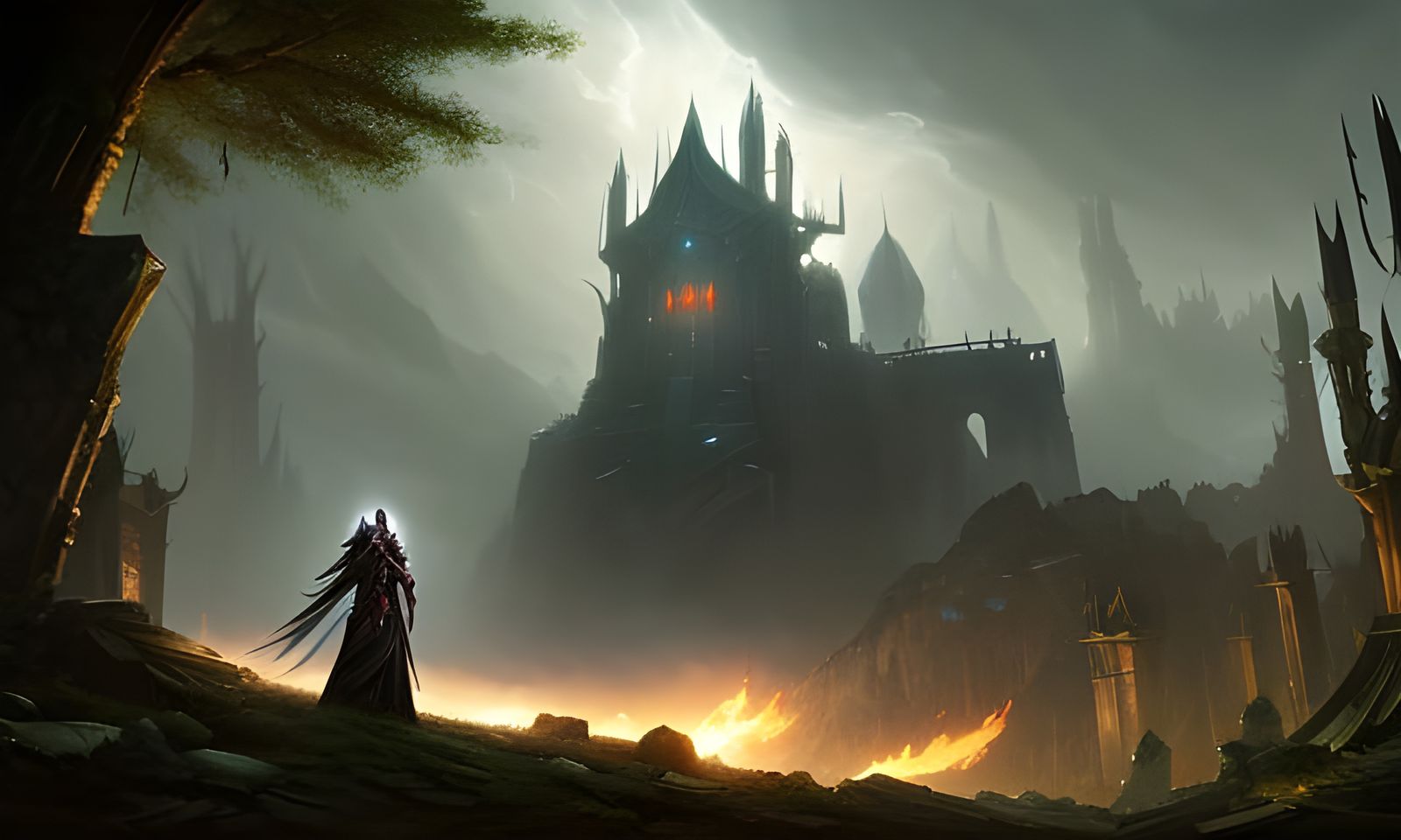 Cloaked Woman in Ruined Castle, Rutkowski Style