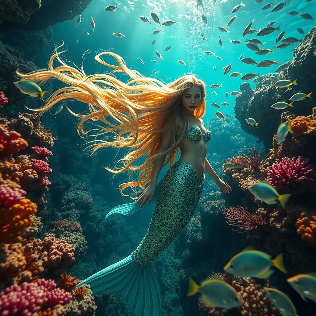 Majestic Mermaid in Vibrant Coral Reef