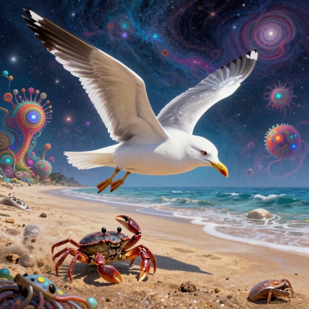 Seagull Chases Crab on Astral Cosmic Shore