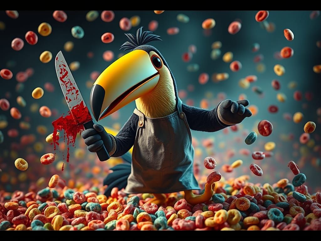 Dark Whimsy in 3D Horrorcore: A Cartoon Toucan's Bloody Cere...