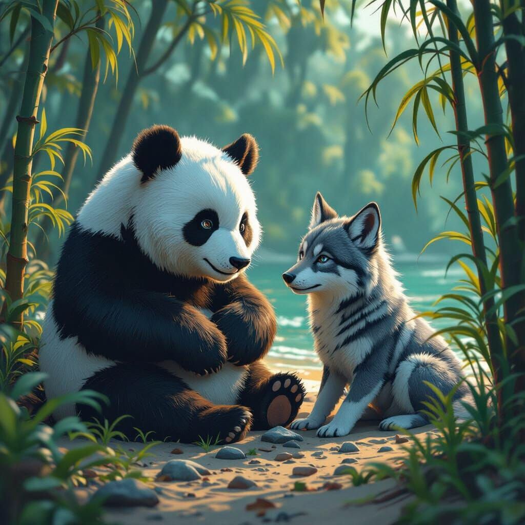 Panda and Wolf Watch Red Sunset: Fantasy Concept Art