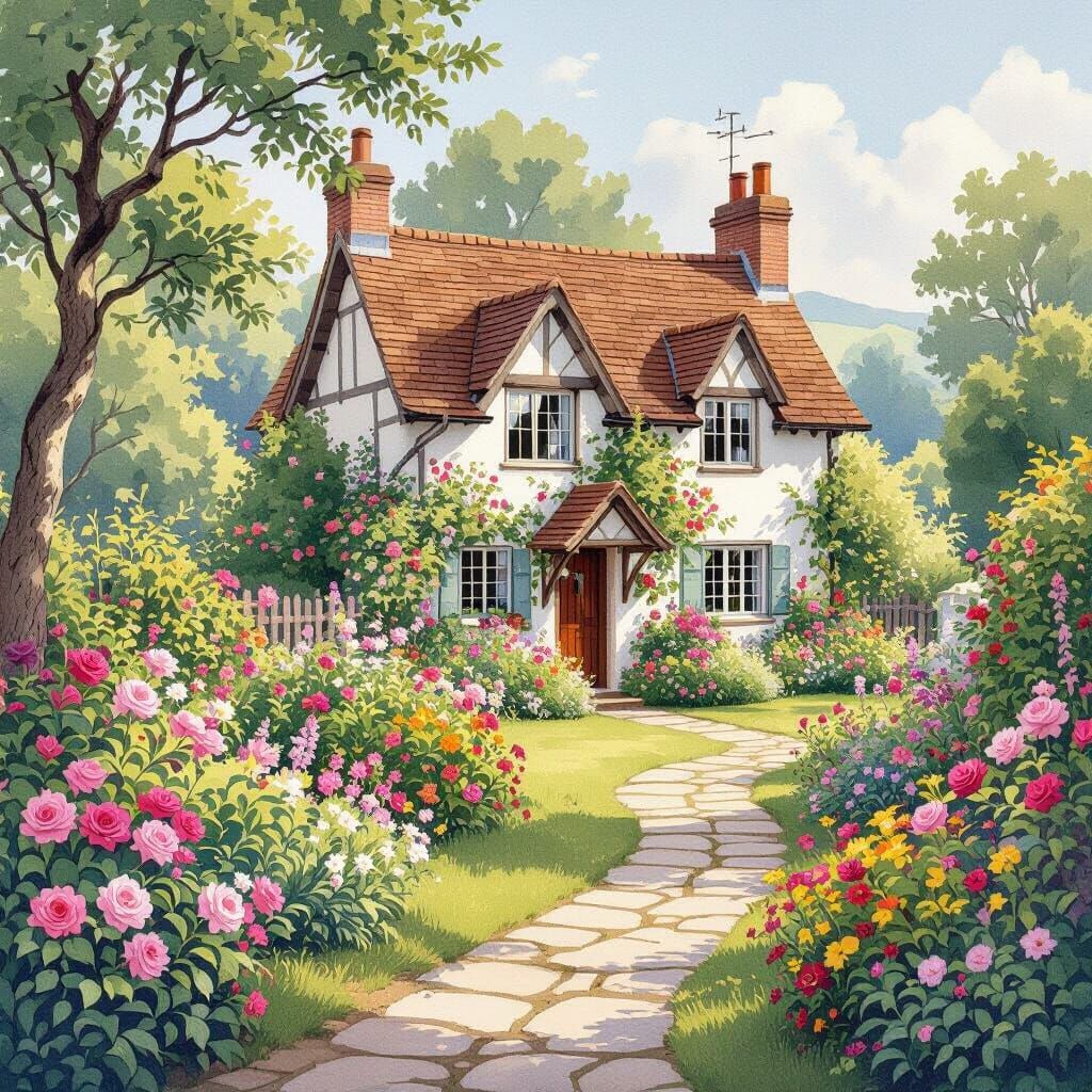 Charming English Cottage Garden in Watercolor Style