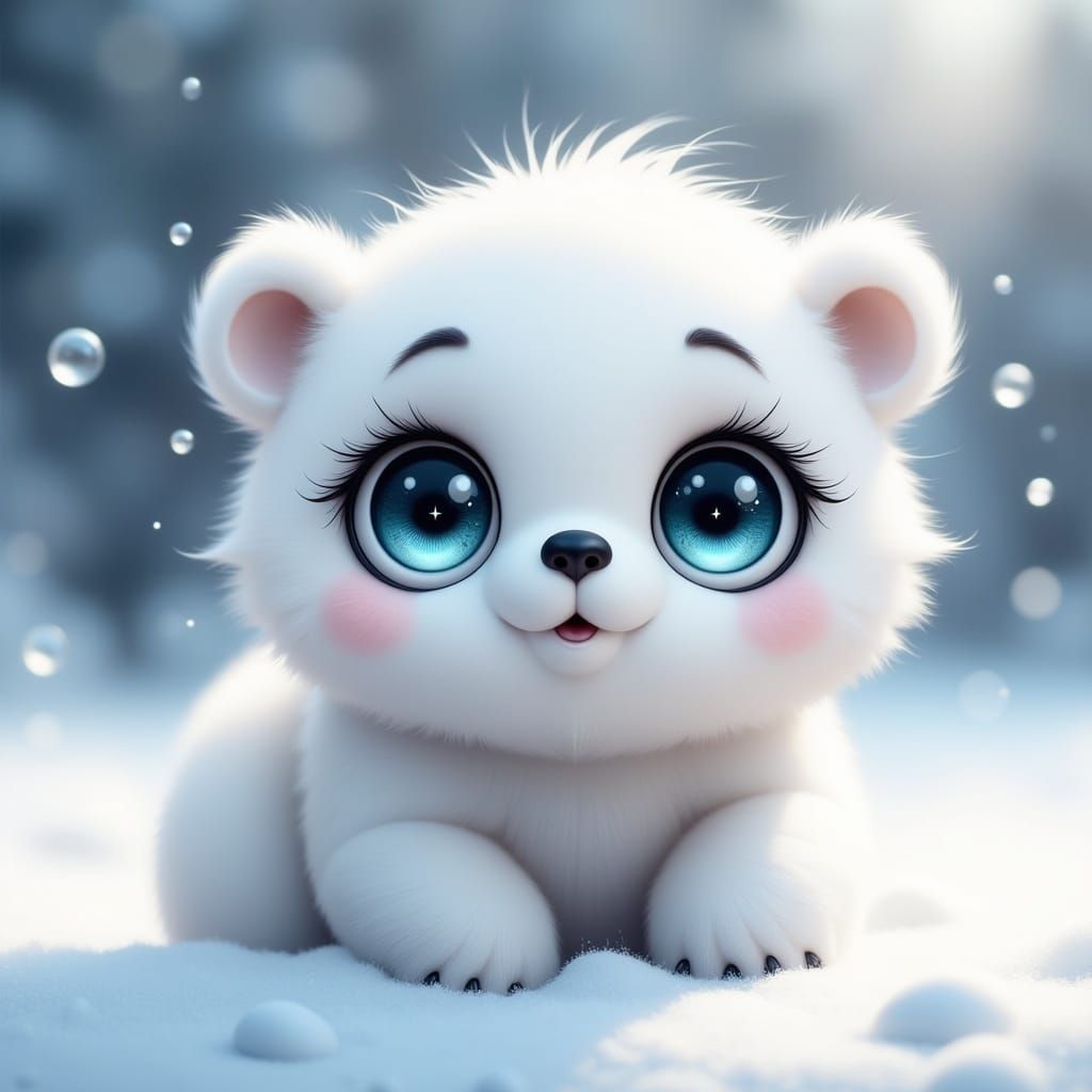 Cute Baby Polar Bear in Winter Wonderland