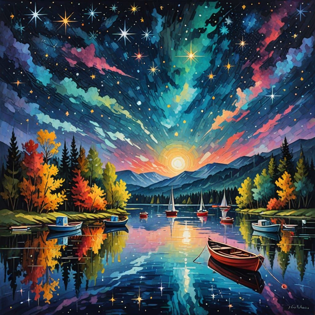 Maximalist Masterpiece: Starry Night Lake Scene