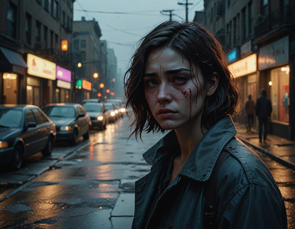 Heartbroken Person on City Street in Dramatic Lighting