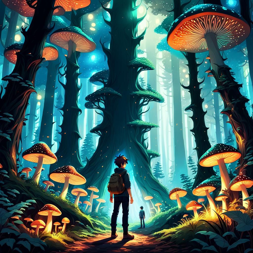 Anime Boy in Mystical Forest Concept Art