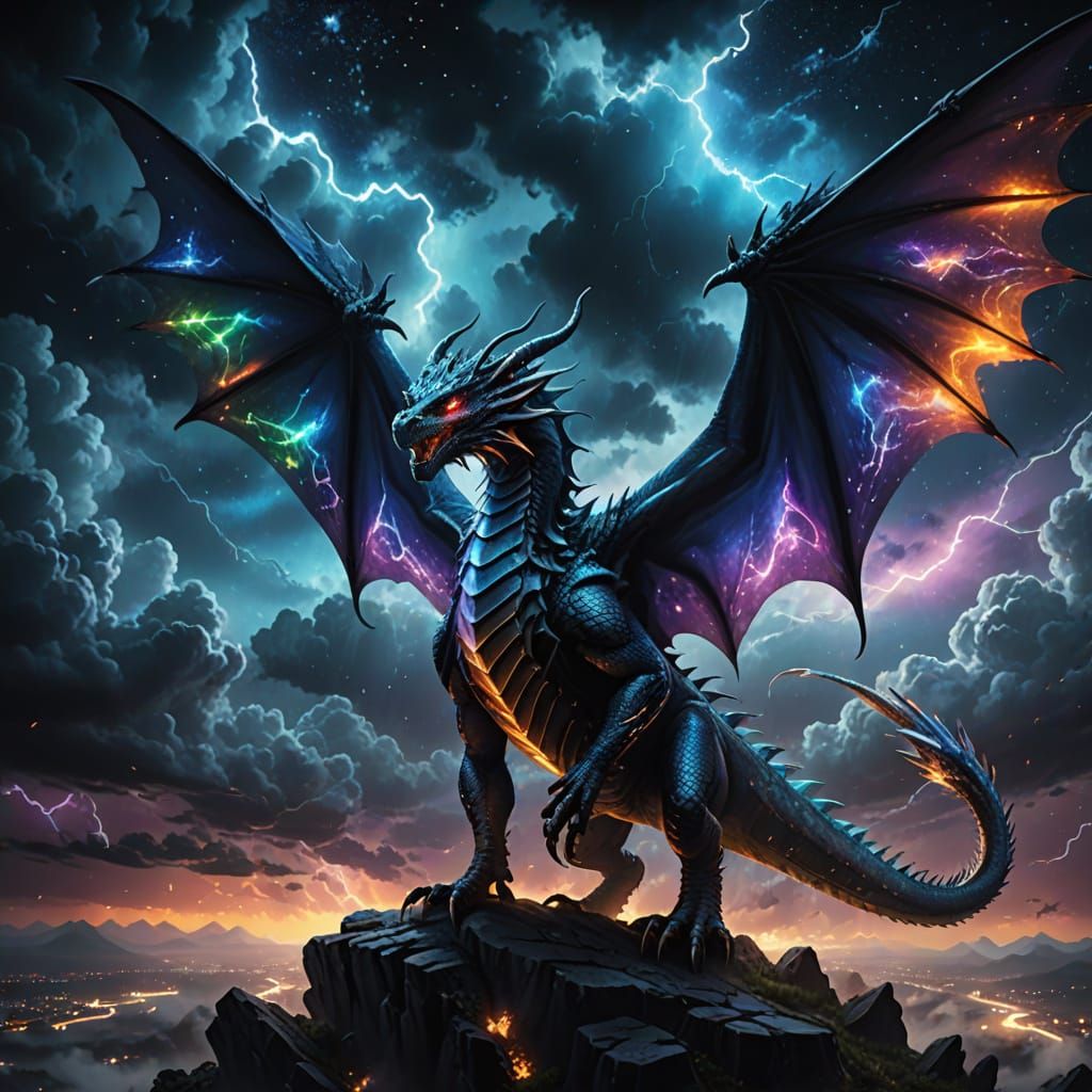Surreal Dragon Soars Through Triadic Storm Skies