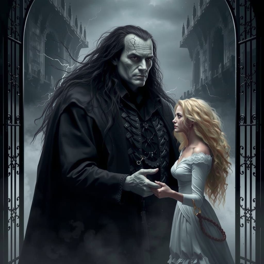 Dark Lord in Black Cloak Stands Beside Beautiful Woman on Fo...