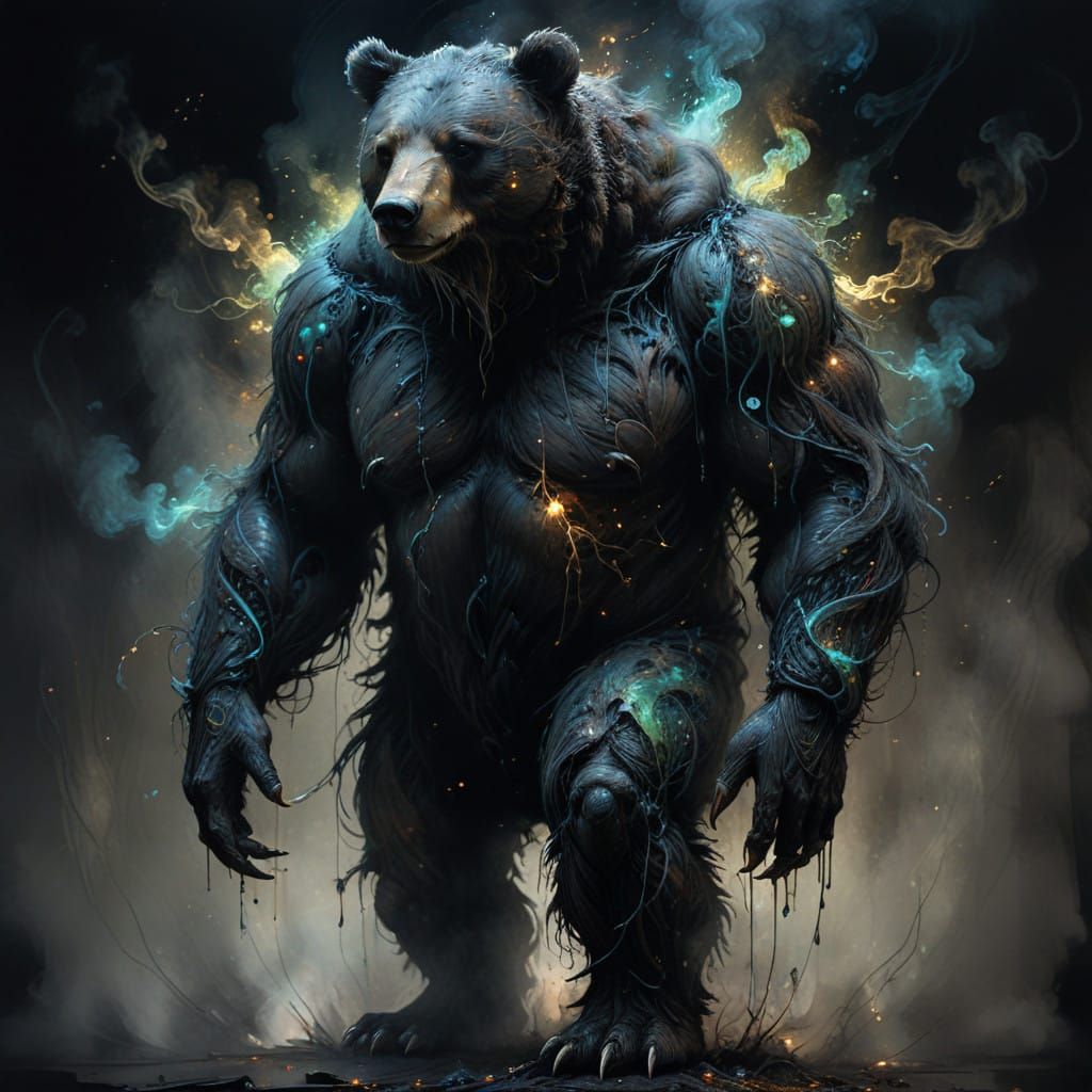 Fantastical Dark Fantasy Bear Emerges from Rutilant Mist