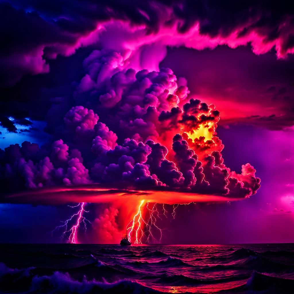 Dramatic Neon Thunderstorm Over Ocean: Cinematic Film Still