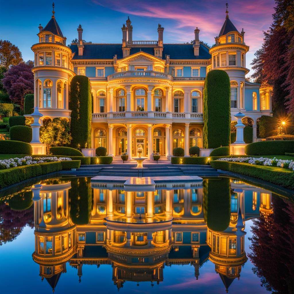 "the Reflecting pool" reflection of magnificent manor in water, colorful flawless images in pool, beautiful hyperdetaile...