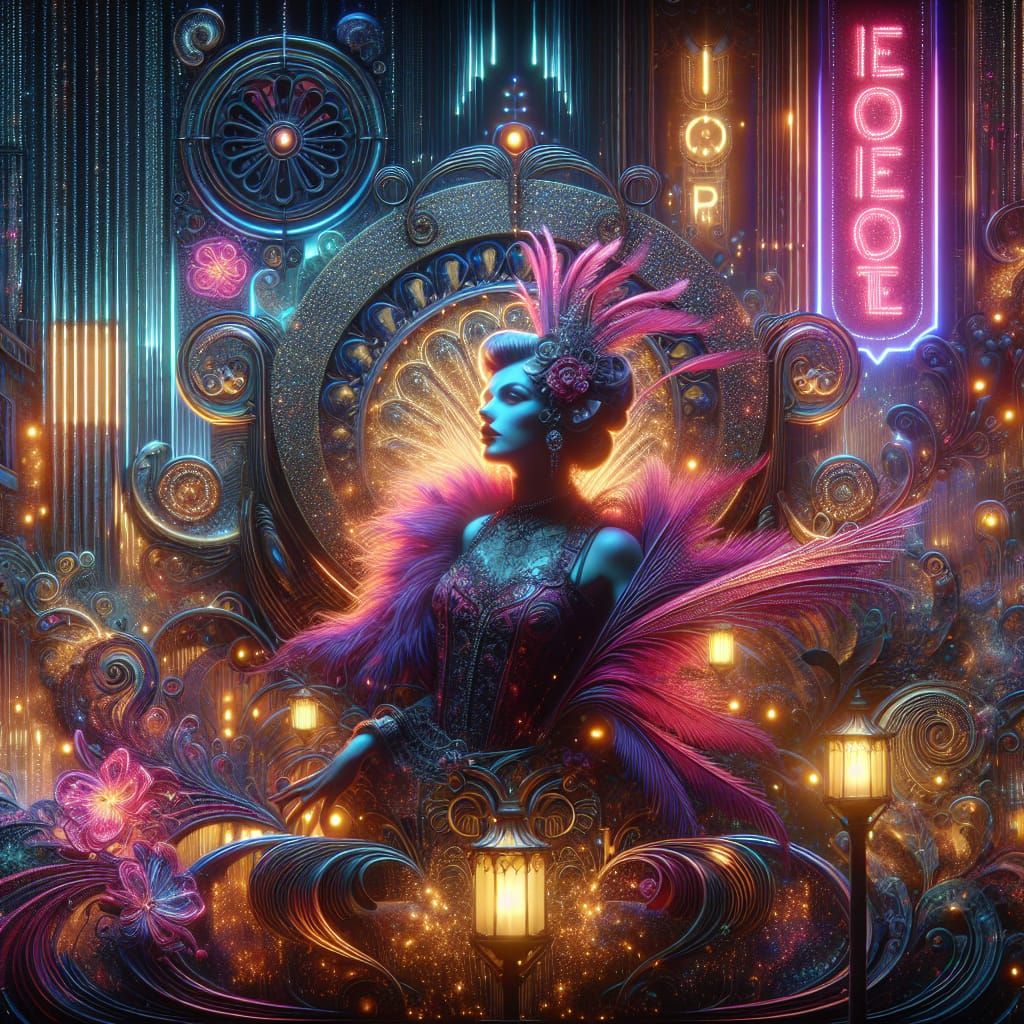 Burlesque Dancer in Neon Lights, Art Nouveau Style