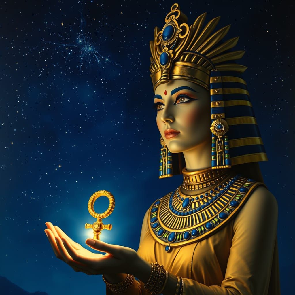 Egyptian Priestess under Starry Night in Golden Headdress an...