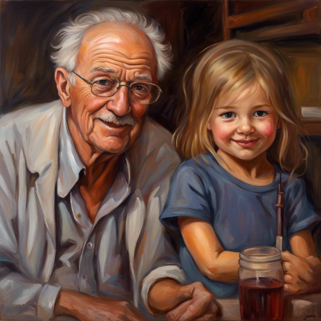 Mischievous Grandfather and Granddaughter in Oil Painting