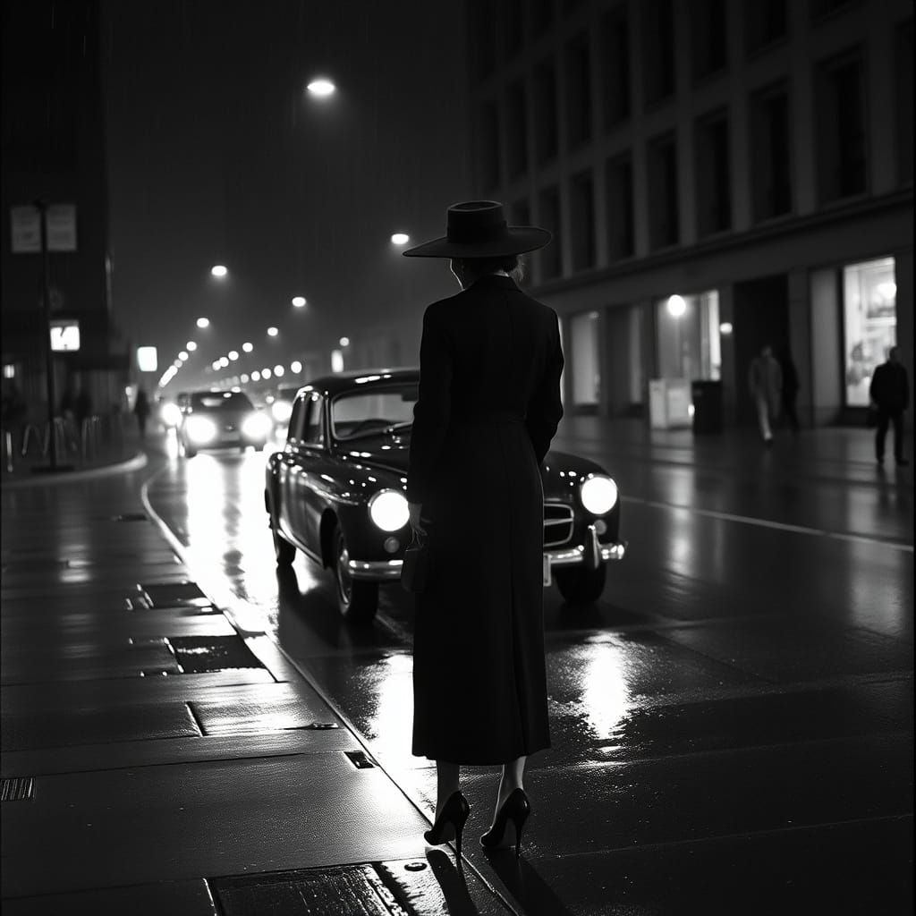 Woman on Rainy City Street at Night in Film Noir Style