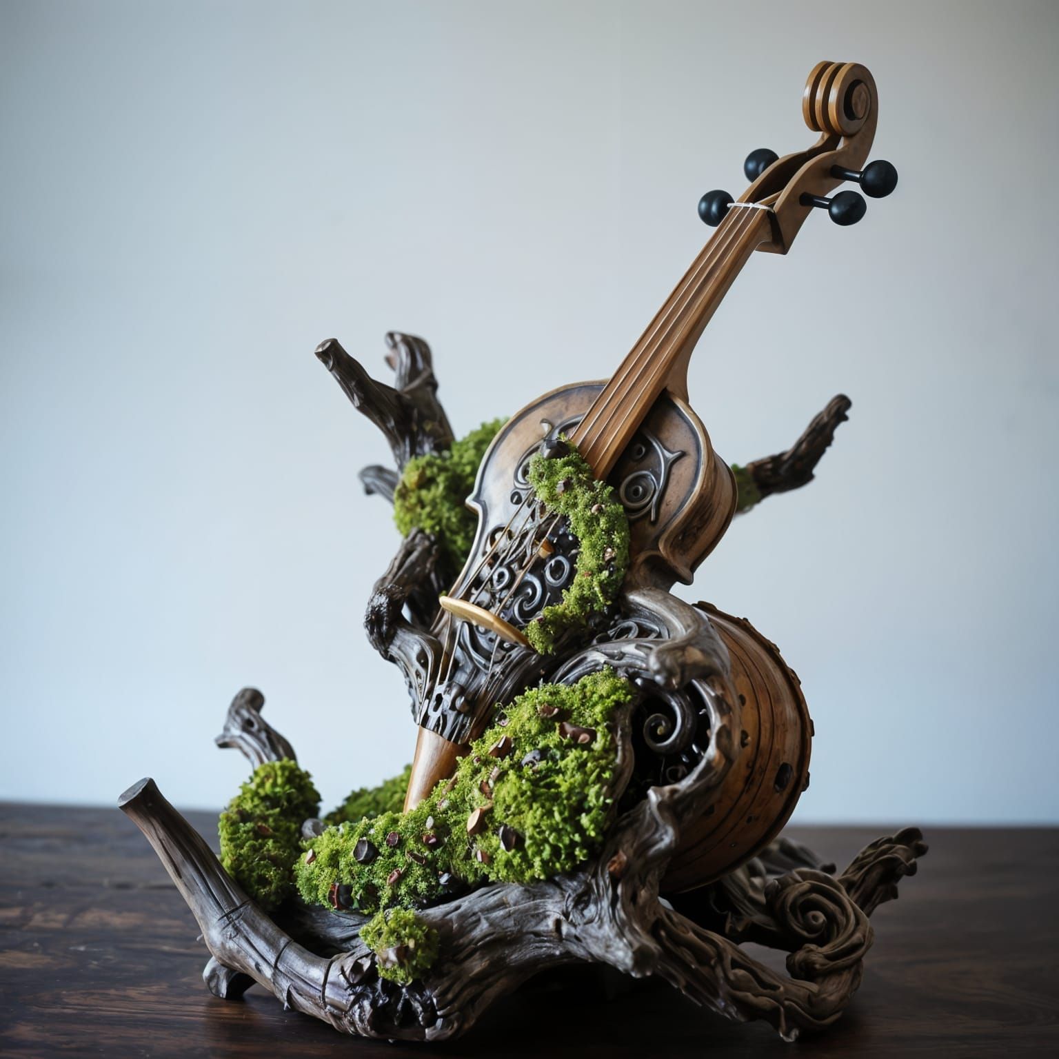 Ethereal Fantasy Violin Sculpture Amidst Gnarled Wood