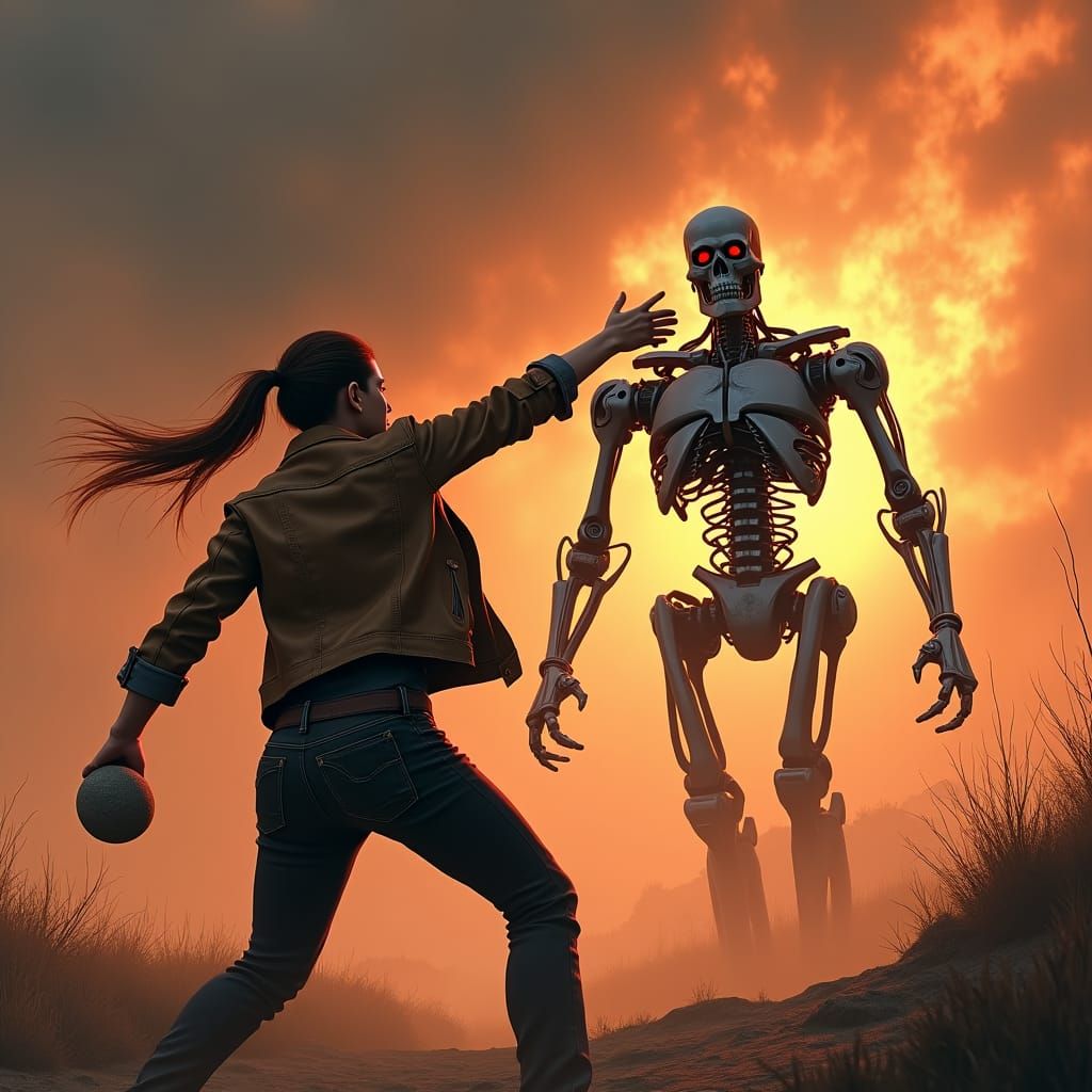 Sarah Connor Confronts Terminator in Dystopian Landscape