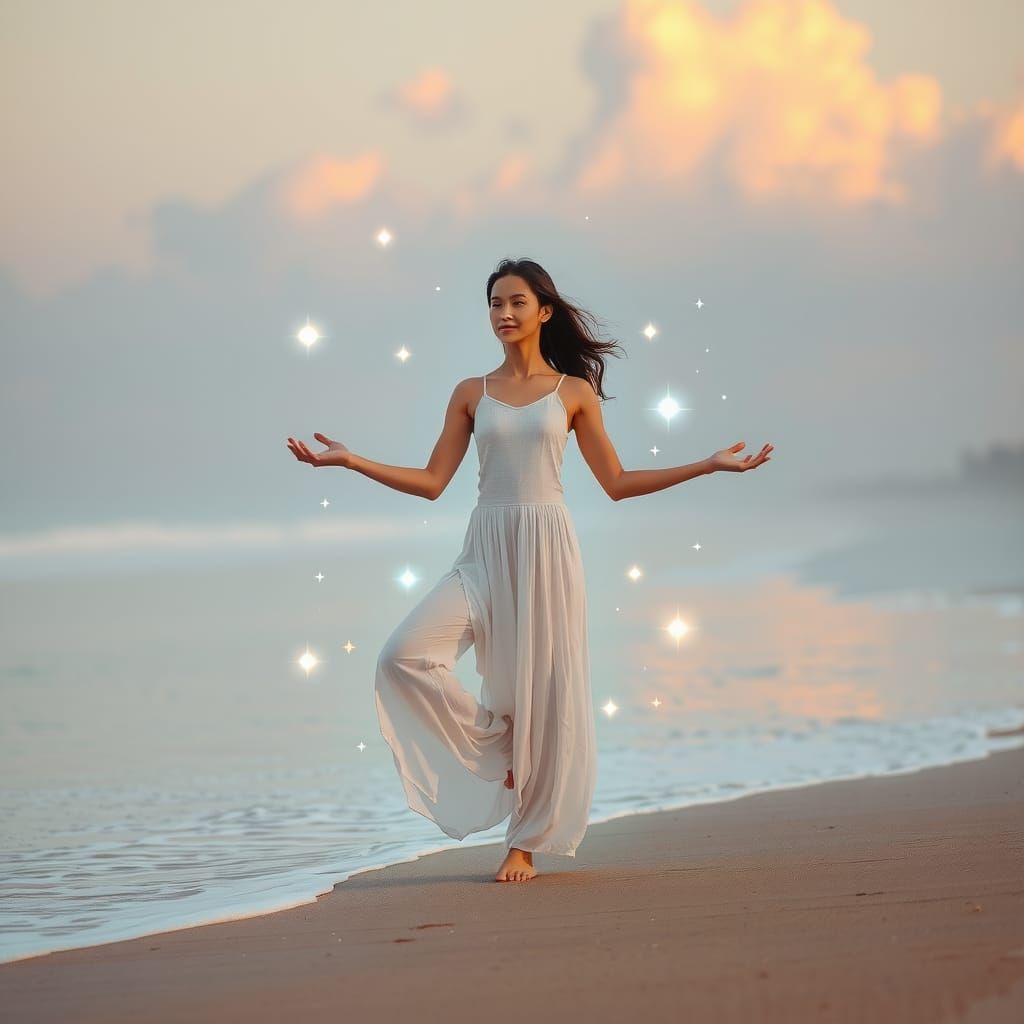 Woman in White Doing Yoga on Beach