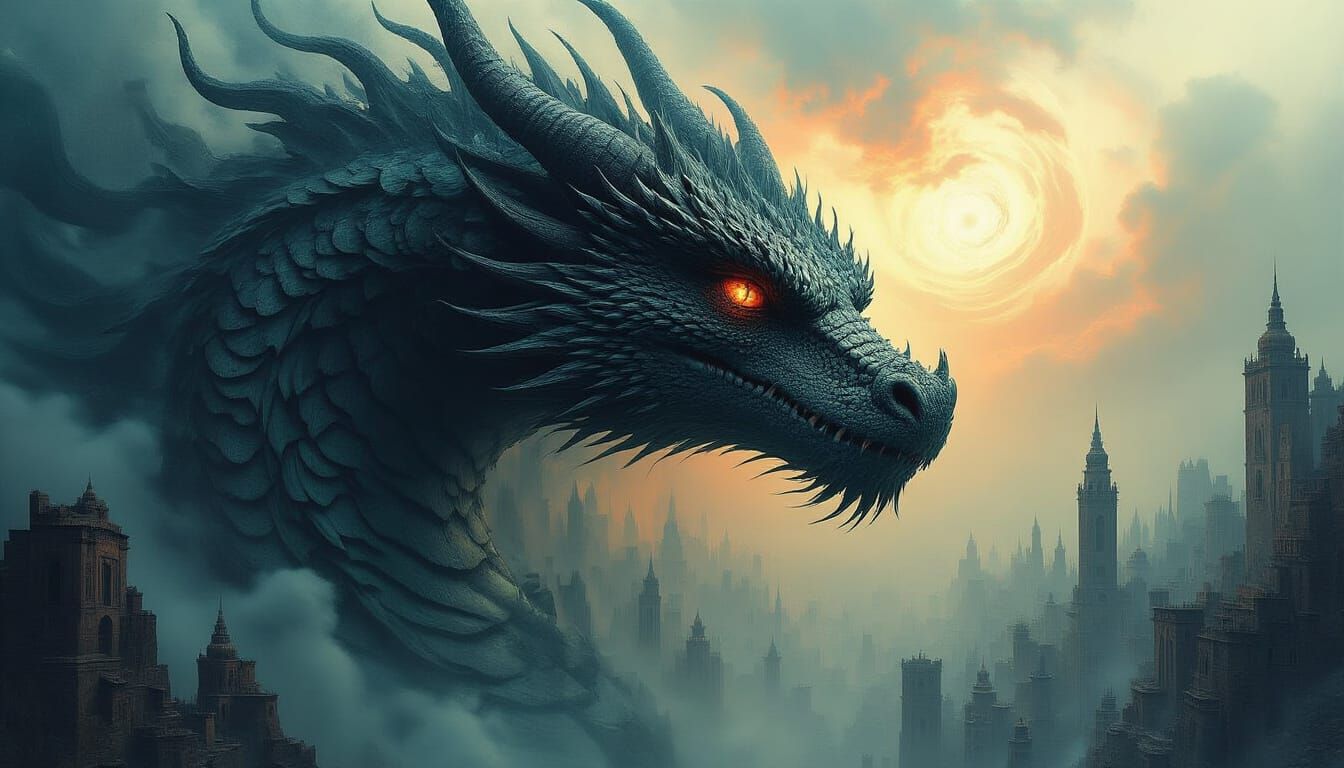 Surreal Dragon Dissolving into Hellish Cityscape