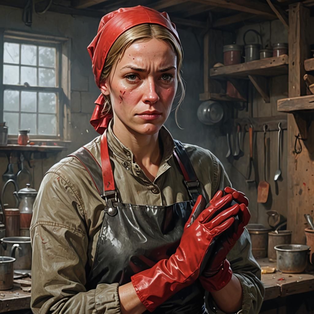 Frightened Cleaning Lady Portrait in Hyperdetailed Style