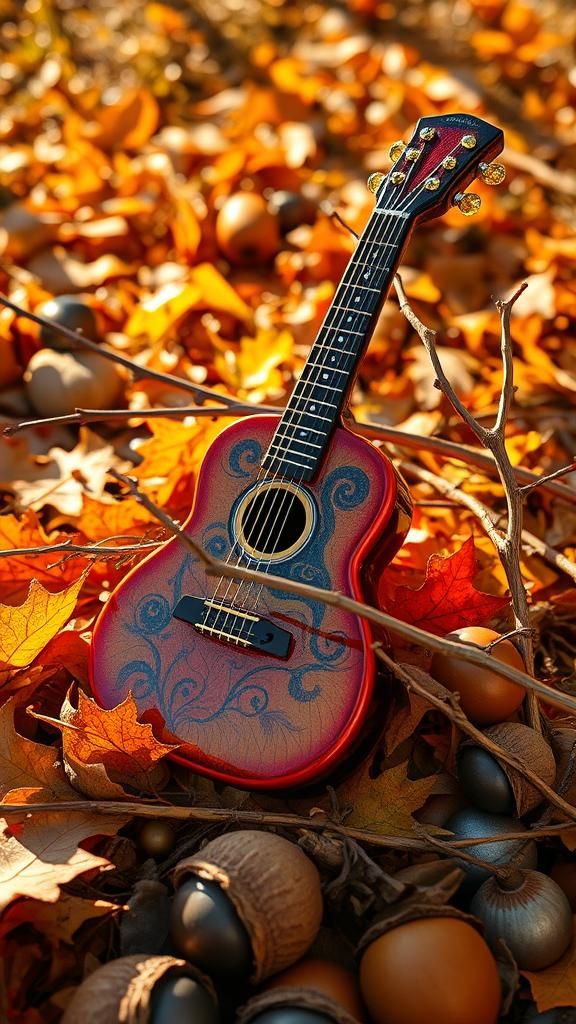 Enameled Glass Guitar Figurine in Autumn Setting