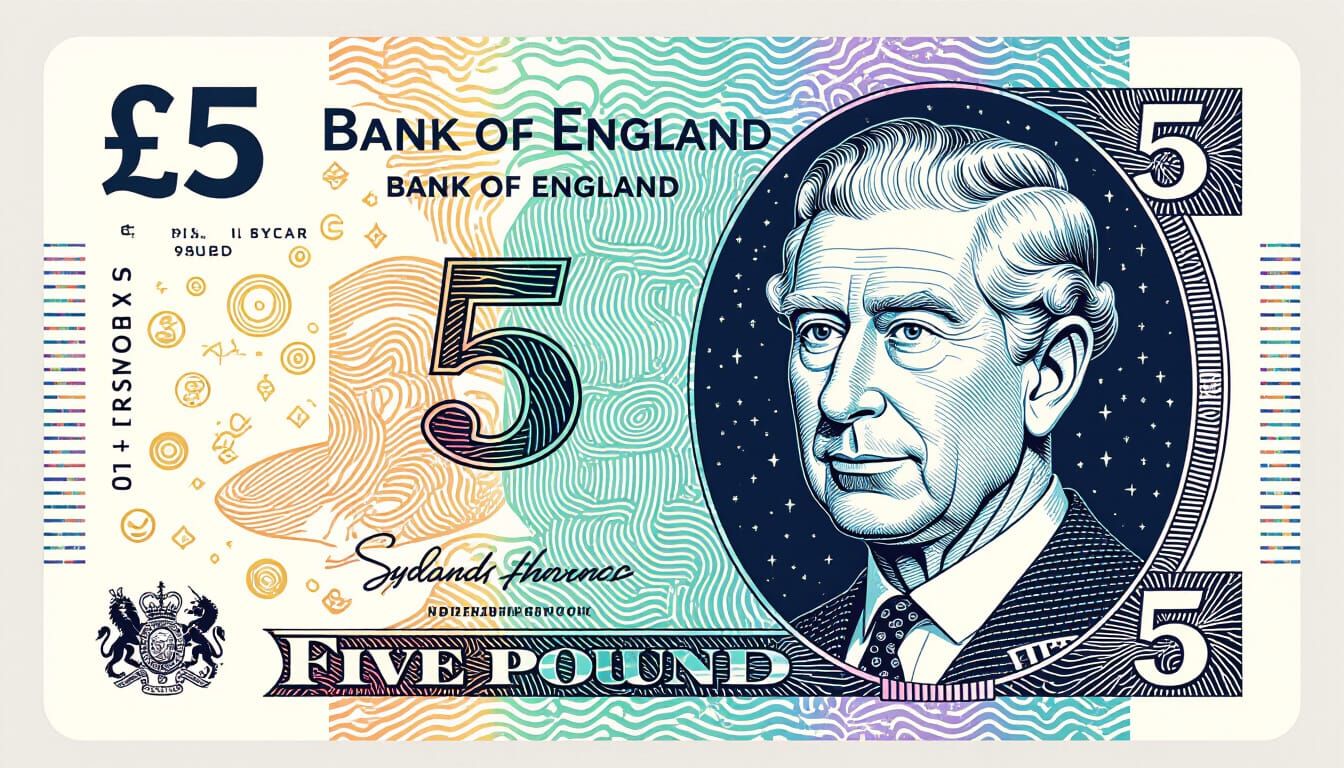“Bank of England” Banknotes: £5 💷 a futuristic “Five Pound Note” UK Bank Note, With security features such as detailed ...