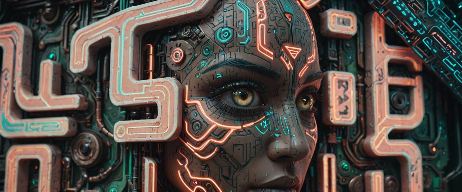 Cyberpunk Face with Glowing Runes in Sci-Fi Setting