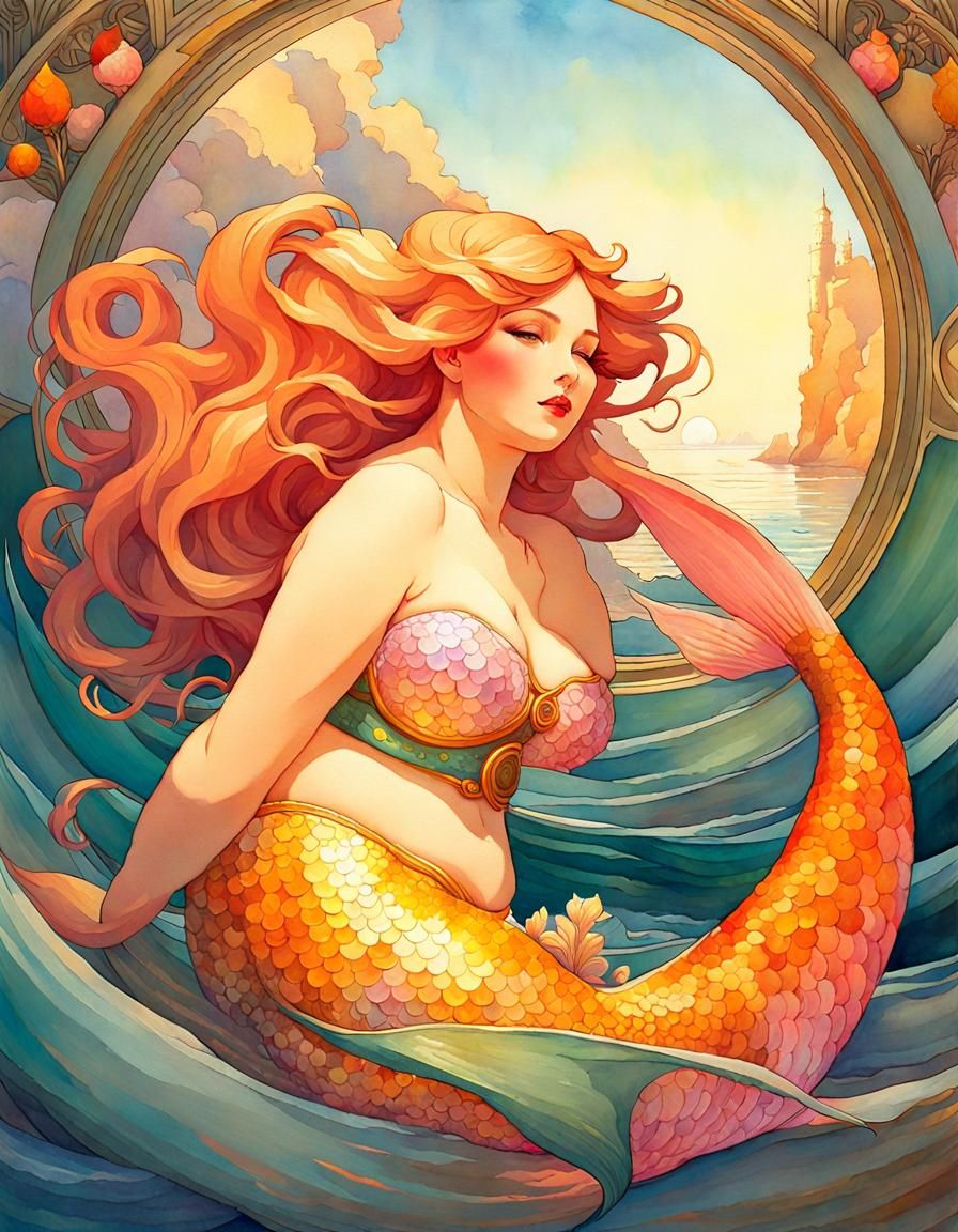 Mermaid with Orange Tail in Gouache Style