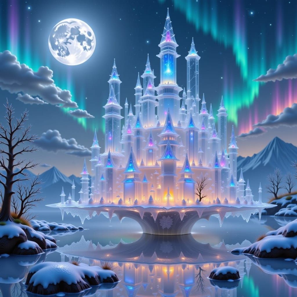 Crystal Castle on Floating Island Under Frozen Moon