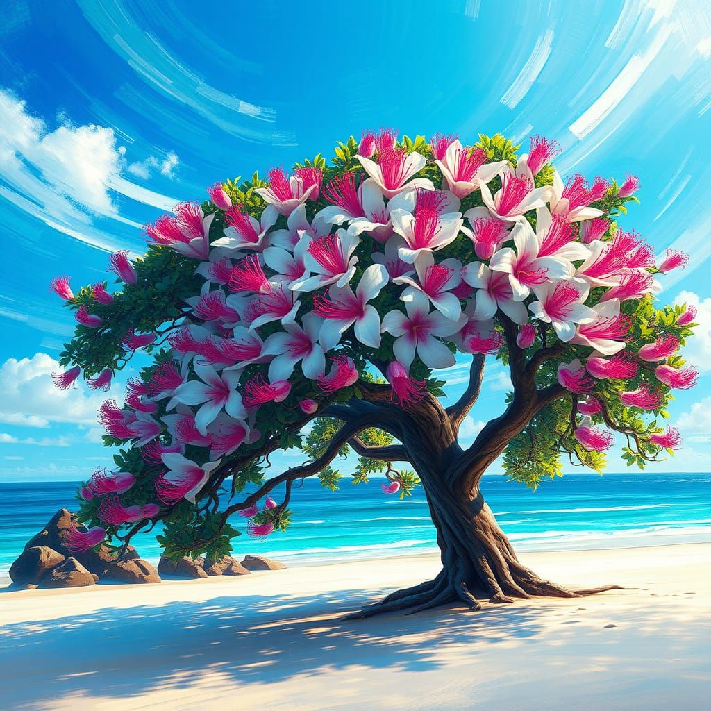 Vibrant Tropical Oasis in Impasto Style