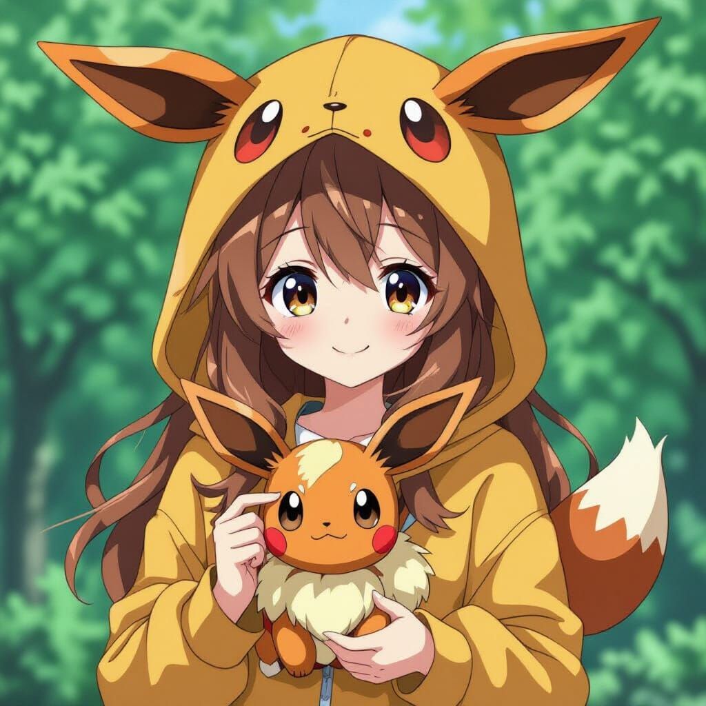 Anime Girl with Eevee Hoodie and Pet Eevee