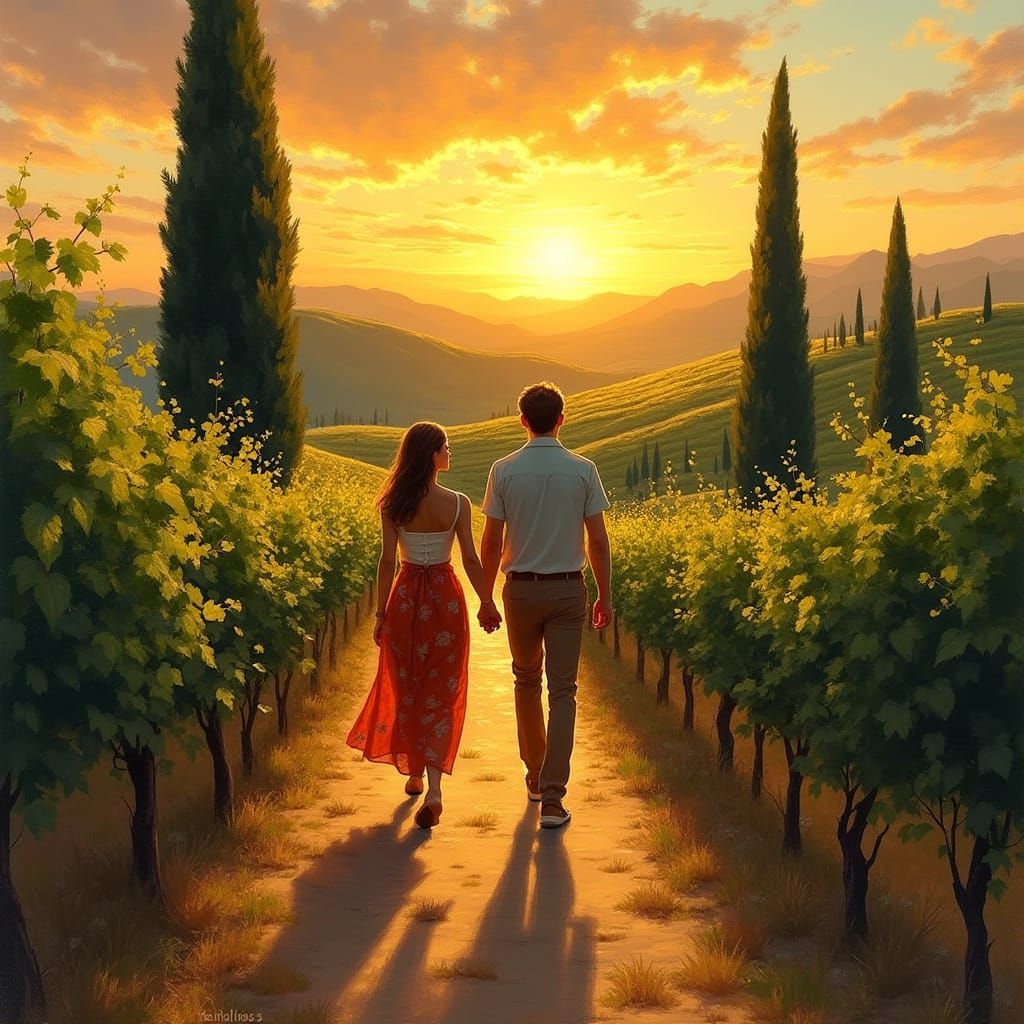 Couple Strolling through Sicilian Vineyards at Sunset